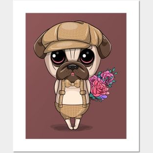 Cute pug dog with flowers Posters and Art